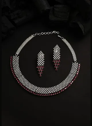 Silver Plated Designer Stone Necklace and Earring Set