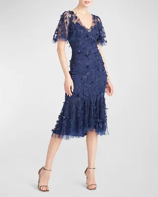 Gretchen Beaded Flutter-Sleeve Midi Dress