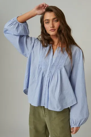 Striped Button Down Pintuck Top