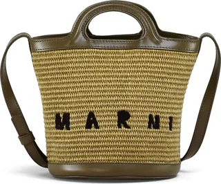 Mini raffia effect & leather bucket bag