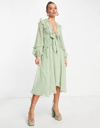 ASOS DESIGN pleat detail midi dress in jacquard satin spot with tie detail in sage