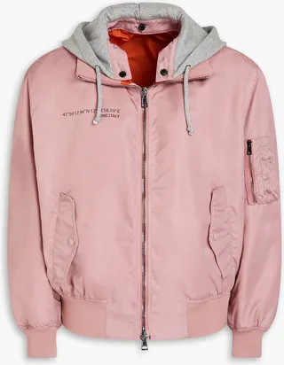 Appliquéd printed shell hooded bomber jacket