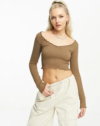 Stradivarius STR seamless wide neck top with lettuce hem in brown