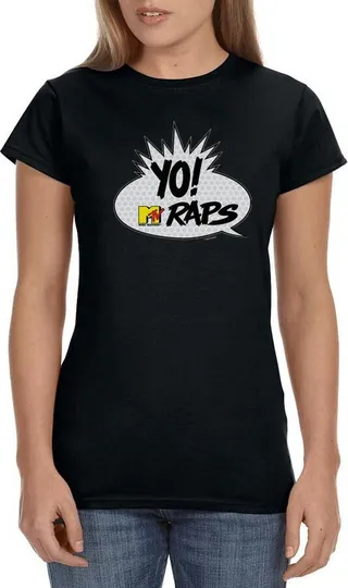 MTV Womens' Music Television Yo! Raps Classic '80s Crewneck T-Shirt (Small) Black