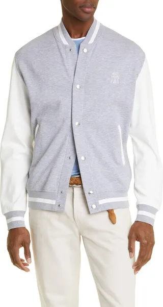 Cotton Blend French Terry Varsity Bomber Jacket