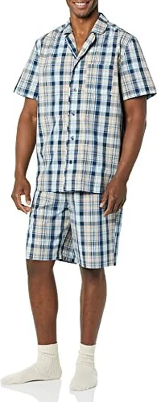 Amazon Essentials Men's Lightweight Woven Notch Collar Short Pajama Set