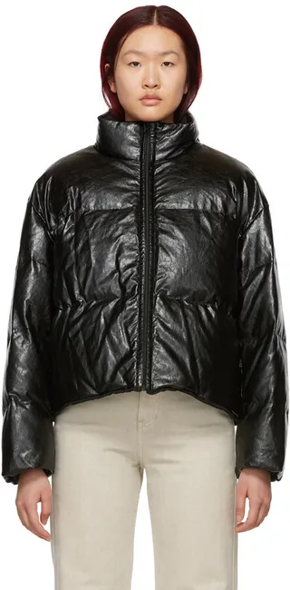 AMOMENTO Reversible Black Down Vegan Leather Puffer Jacket