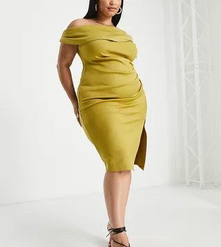 ASOS DESIGN Curve fallen shoulder pleated midi dress in olive