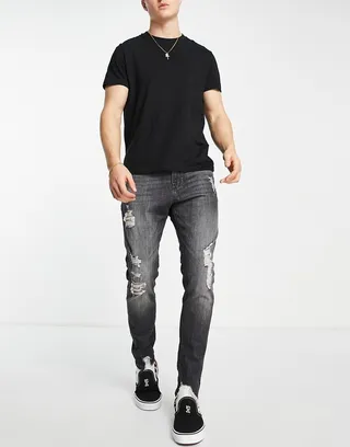 Jack & Jones Intelligence Pete carrot jeans with rips in black