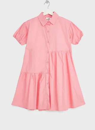 Girls Solid Asymmetric Shirt Dress
