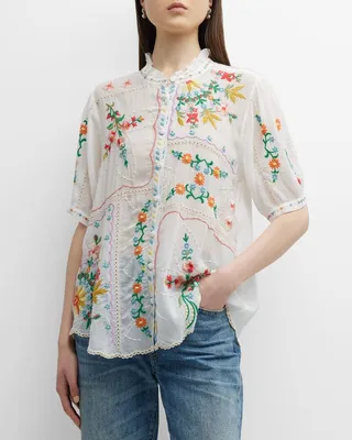 Mircea Embroidered Button-Front Blouse
