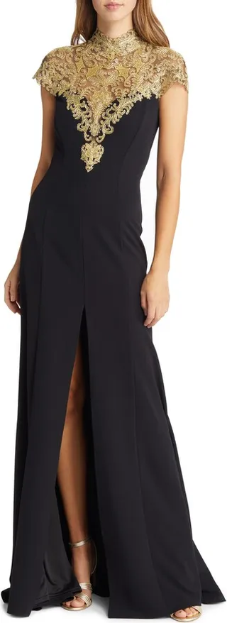 Embroidered Yoke Funnel Neck Gown
