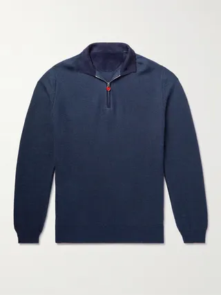 Suede-Trimmed Honeycomb-Knit Linen and Cashmere-Blend Half-Zip Sweater