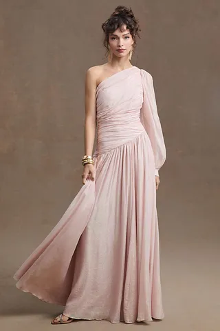 BHLDN Jade Metallic One-Shoulder Asymmetrical-Waist Gown Pink