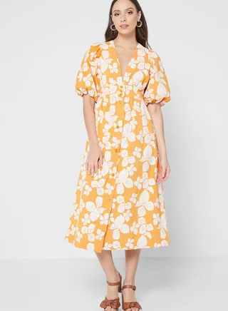 Plunge Neck Printed Dress