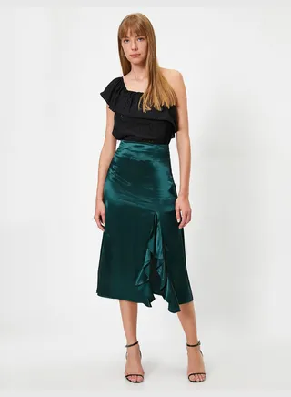 Frilled High Waisted Midi Slit Skirt