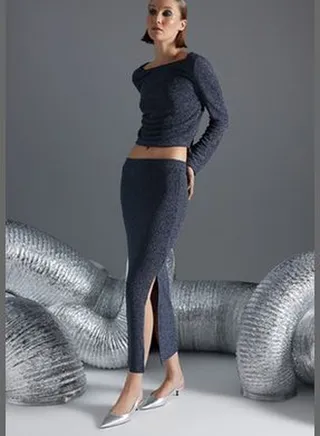 Anthracite Shiny Flexible Fabric High Waist Pencil Maxi Knitted Skirt TWOAW24ET00036