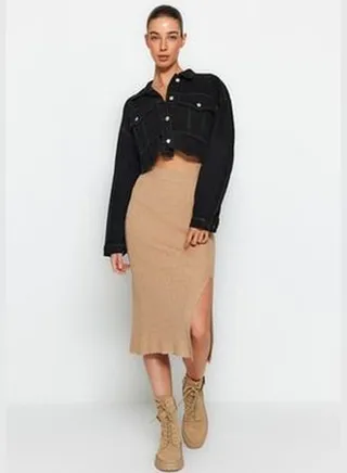 Camel Premium Yarn/Special Thread Knitwear Skirt with Spikes TWOAW24ET00001