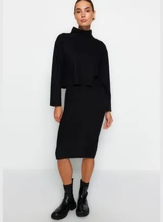 Black Normal Waist Thessaloniki/Knitwear Look Midi Pencil Skirt, Knitted TWOAW24ET00030