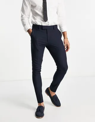 ASOS DESIGN Wedding super skinny suit pants in navy micro texture