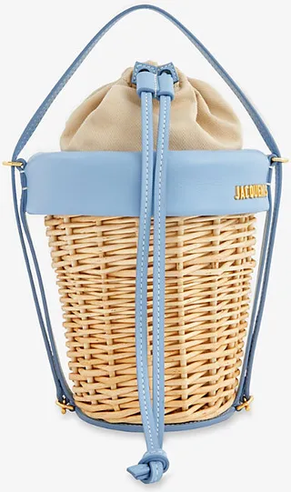 Womens Light Blue Grey Le Panier Seau Wicker and Leather Tote bag