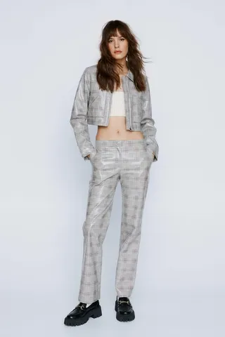 Nasty Gal Womens City Scouts Vinyl Plaid Low Rise Straight Leg Pants