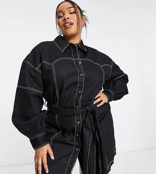 ASOS DESIGN Curve yoke detail twill mini shirt dress in black