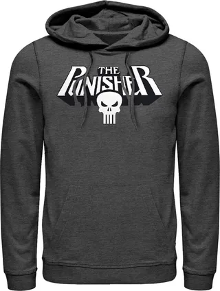 Men's Marvel Punisher Skull Text Logo Pull Over Hoodie - Charcoal Heather - Medium