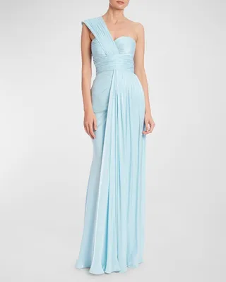 One-Shoulder Draped Shimmer Column Gown