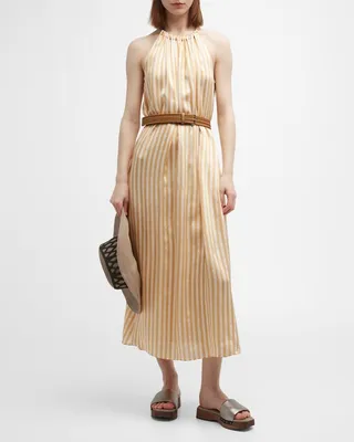 Fluid Striped Twill Dress with Monili Collar and Rafia Belt
