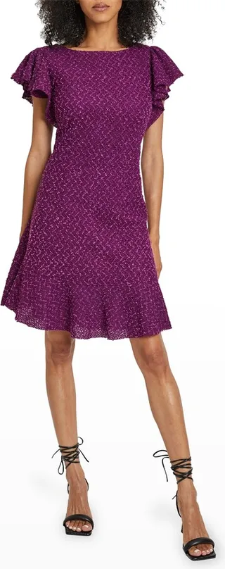 Deste Flutter-Sleeve Boucle Dress