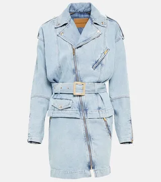 Asymmetric zipped denim minidress