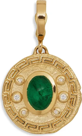 Greek Pattern and Emerald Yellow Gold Coin Charm