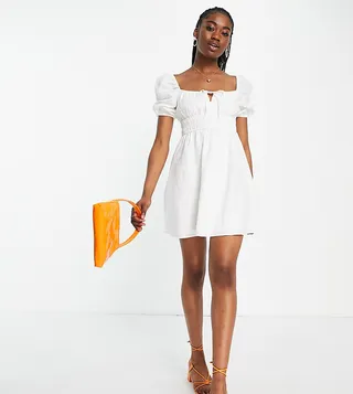 Ever New puff sleeve ruffle mini dress in white