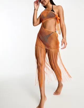 ASOS DESIGN one shoulder midi beach dress with fringing in orange