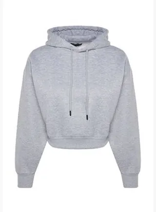 Gray Melange Hooded Basic Knitted Sweatshirt with Fleece Fleece inside TWOAW24SW00105.
