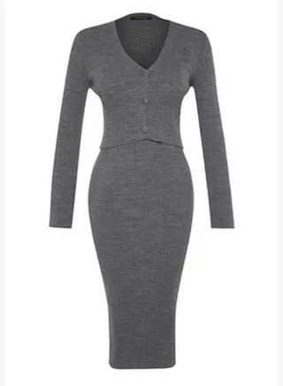 Anthracite Button Detailed Cardigan-Dress Knitwear Suit TWOSS21EL0208