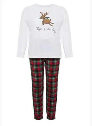 Multi Color Plaid / Checkered Single Jersey Homewear Plus Size Pajamas Set