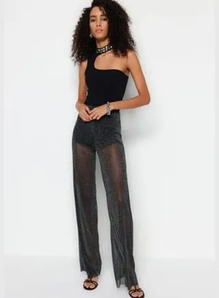 Black Wide Leg Lined, Shimmering Fishnet Pants TPRSS23PL00036