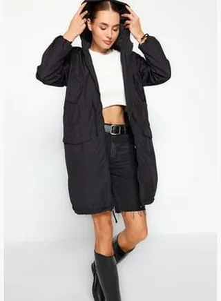Black Oversized Hooded Waterproof Long Quilted Down Jacket TWOAW24MO00227