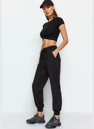 Black Scuba/Diving Fabric, Reflector Print Detailed Sports Sweatpants THMAW24EA00010.