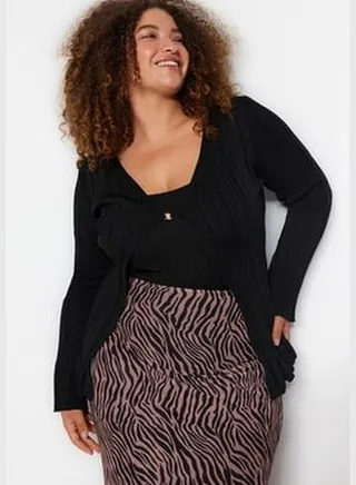Black Frill Detail Blouse-Cover Cardigan Knitwear Suit TBBAW24AV00025