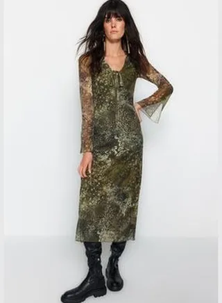 Khaki V-Neck Tulle Lined Skater/Water Open Midi Knit Dress TWOAW24EL00147