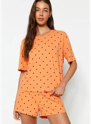 Orange-Multicolored Polka Dot Single Jersey Knitted Pajamas Set THMSS21PT1485