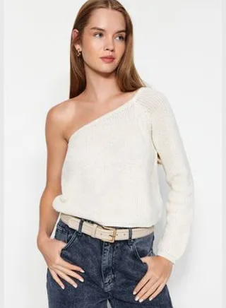 Ecru Crop One-Shoulder Knitwear Sweater TWOAW24KZ01216