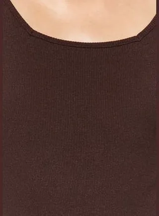 Brown Square Collar Long Sleeved Corduroy Stretchy Knitted Bodysuit TWOAW21BD0022