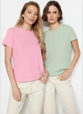 Pink-Mint 100% Cotton Single Jersey Crew Neck 2-Pack Knitted T-Shirt TWOSS20TS0141