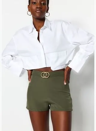 Khaki Belted Super Mini Woven Shorts TWOAW21SR0078