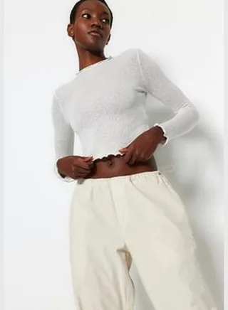 Ecru Lurex Tricot Look Stand-Up Collar Crop Knitted Blouse TWOAW24BZ00096