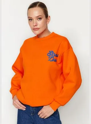 Orange Thick Fleece Inside Slogan Embroidery Regular/Regular Knitted Sweatshirt TWOAW24SW00094